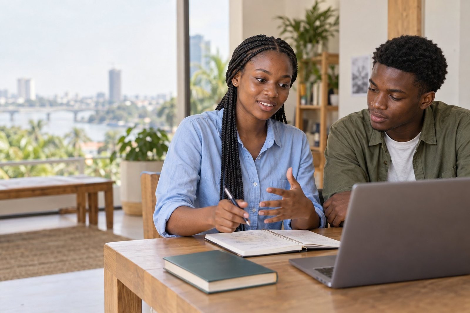 Illustration générée : deux jeunes Congolais apprennent ensemble avec un ordinateur et un cahier.
