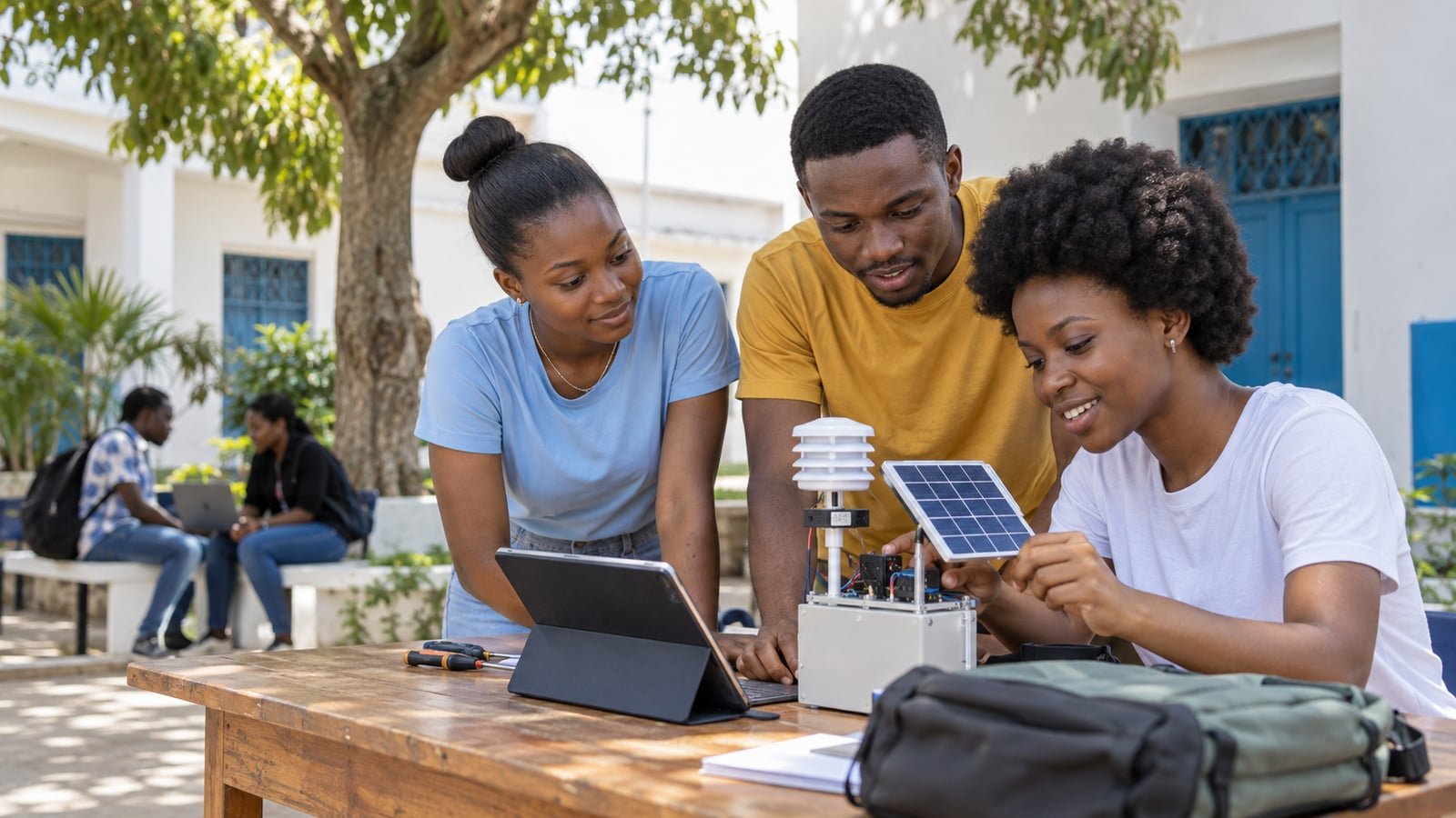 Illustration générée : Trois jeunes concepteurs testent un capteur alimenté par un panneau solaire dans une cour.