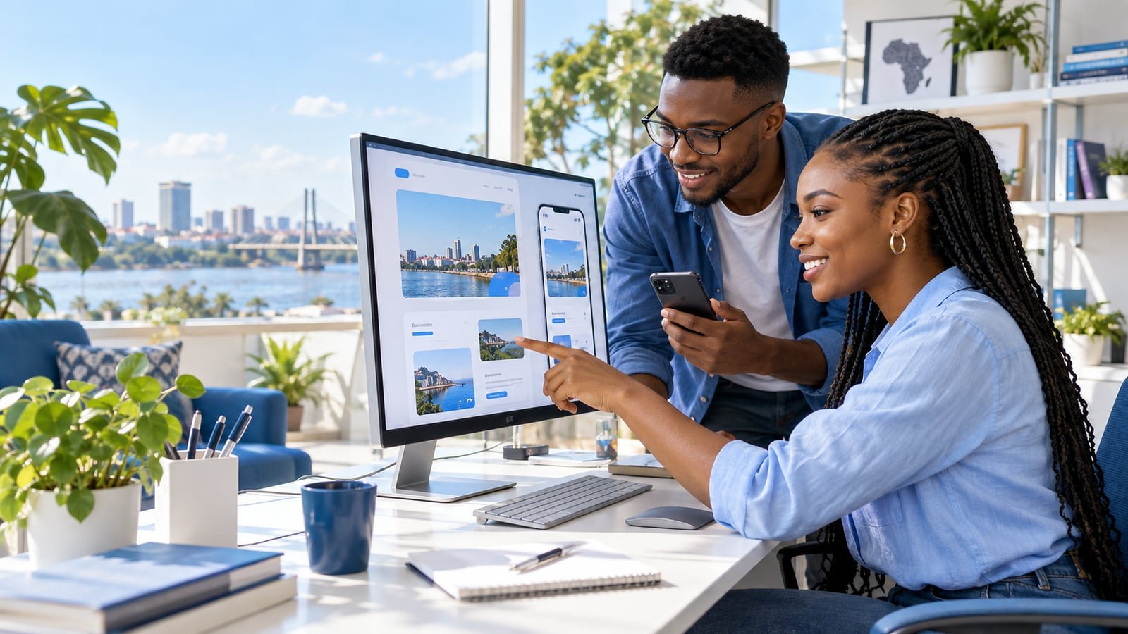 Illustration générée : Deux développeurs congolais conçoivent et testent des interfaces web et mobiles dans un studio ensoleillé.