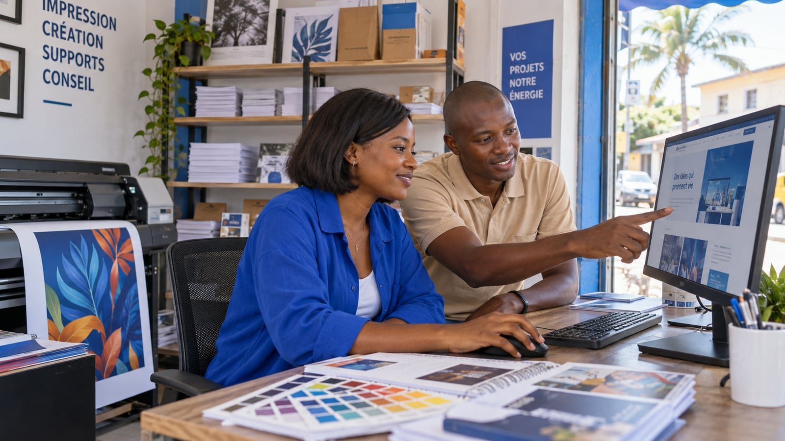 Illustration générée : Deux professionnels examinent un site web dans un atelier d’impression.
