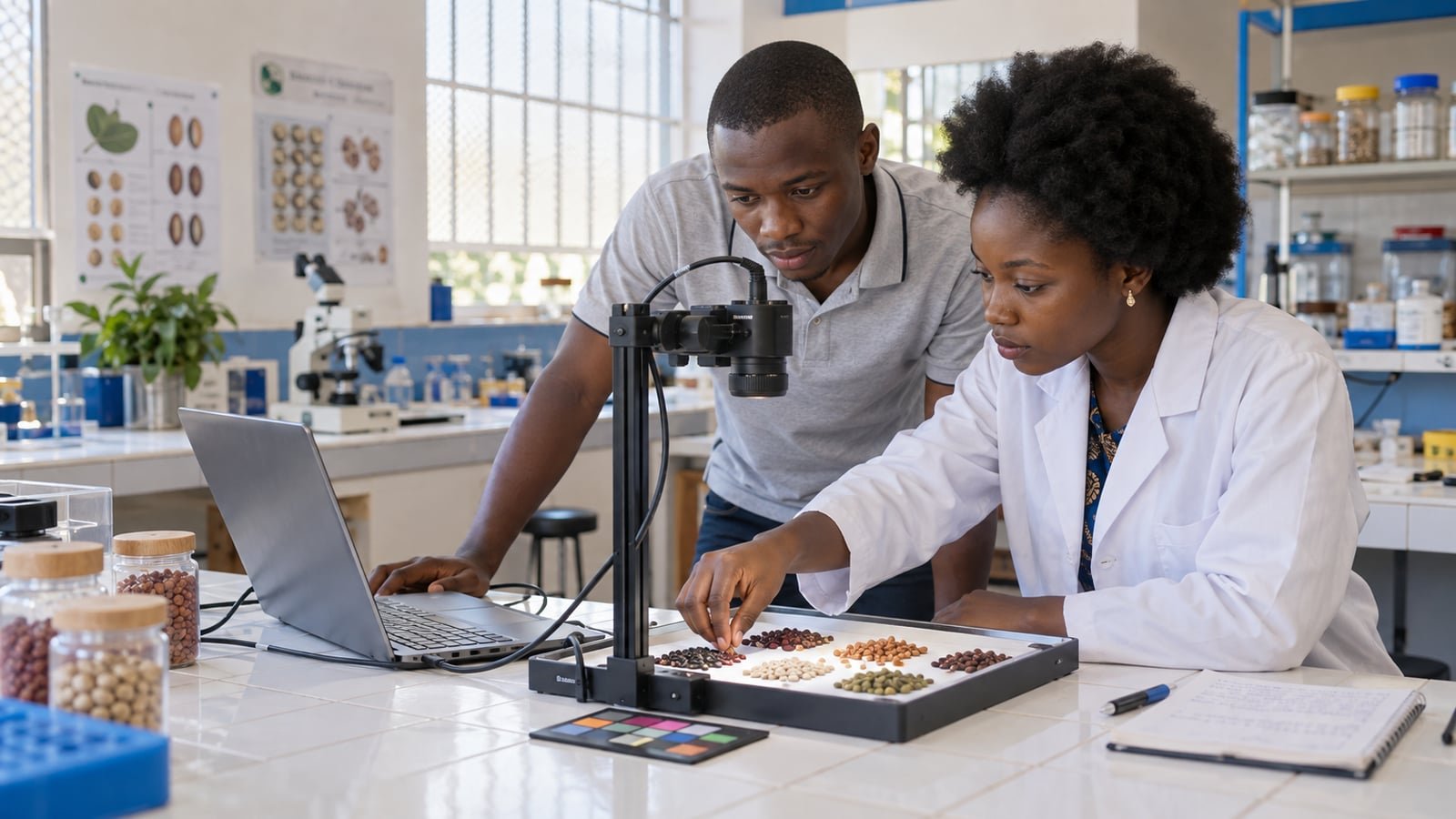 Illustration générée : Deux chercheurs congolais évaluent la vision artificielle sur des échantillons de graines.