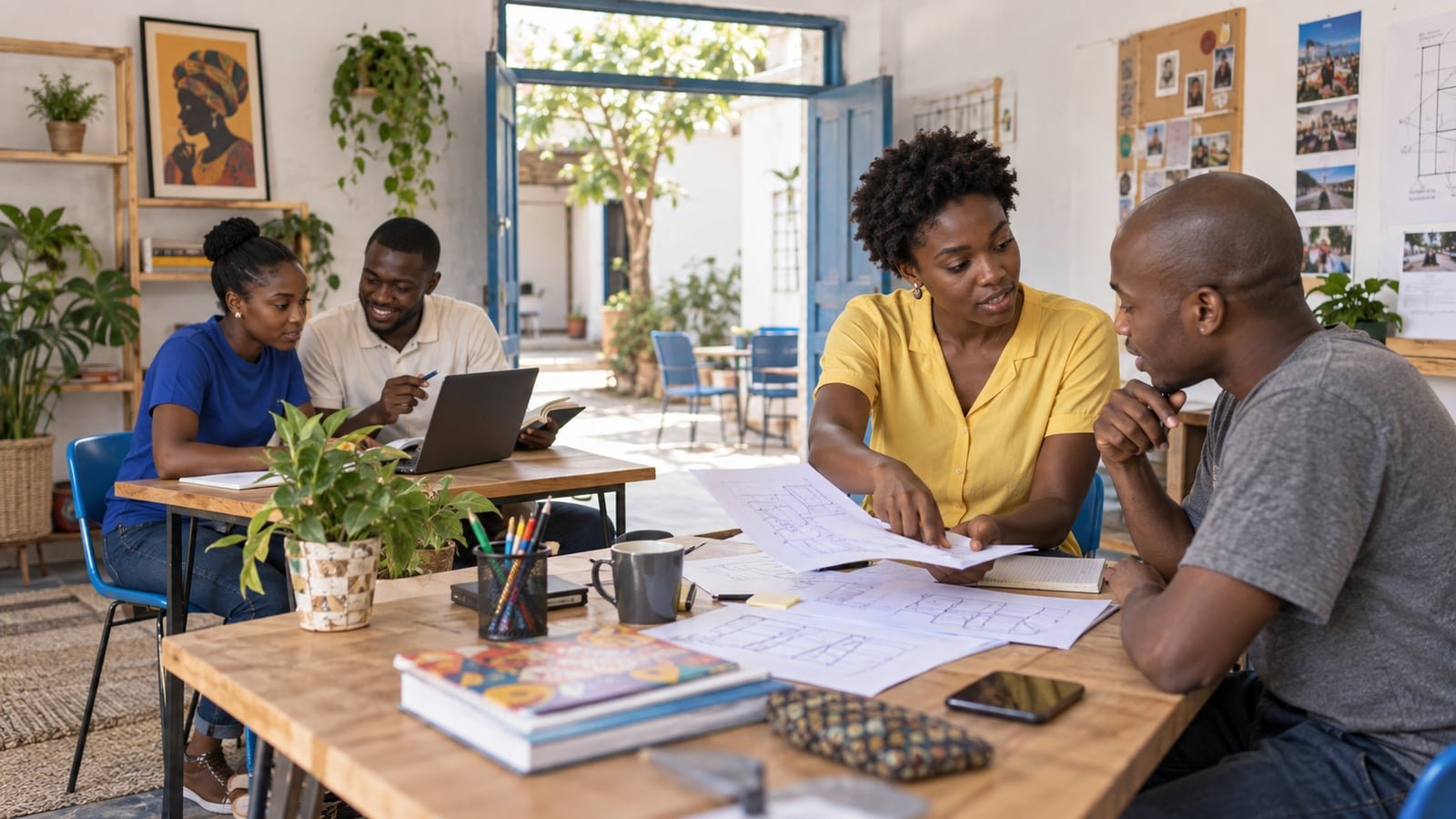 Illustration générée : Quatre jeunes professionnels échangent autour d’un projet numérique dans un studio.