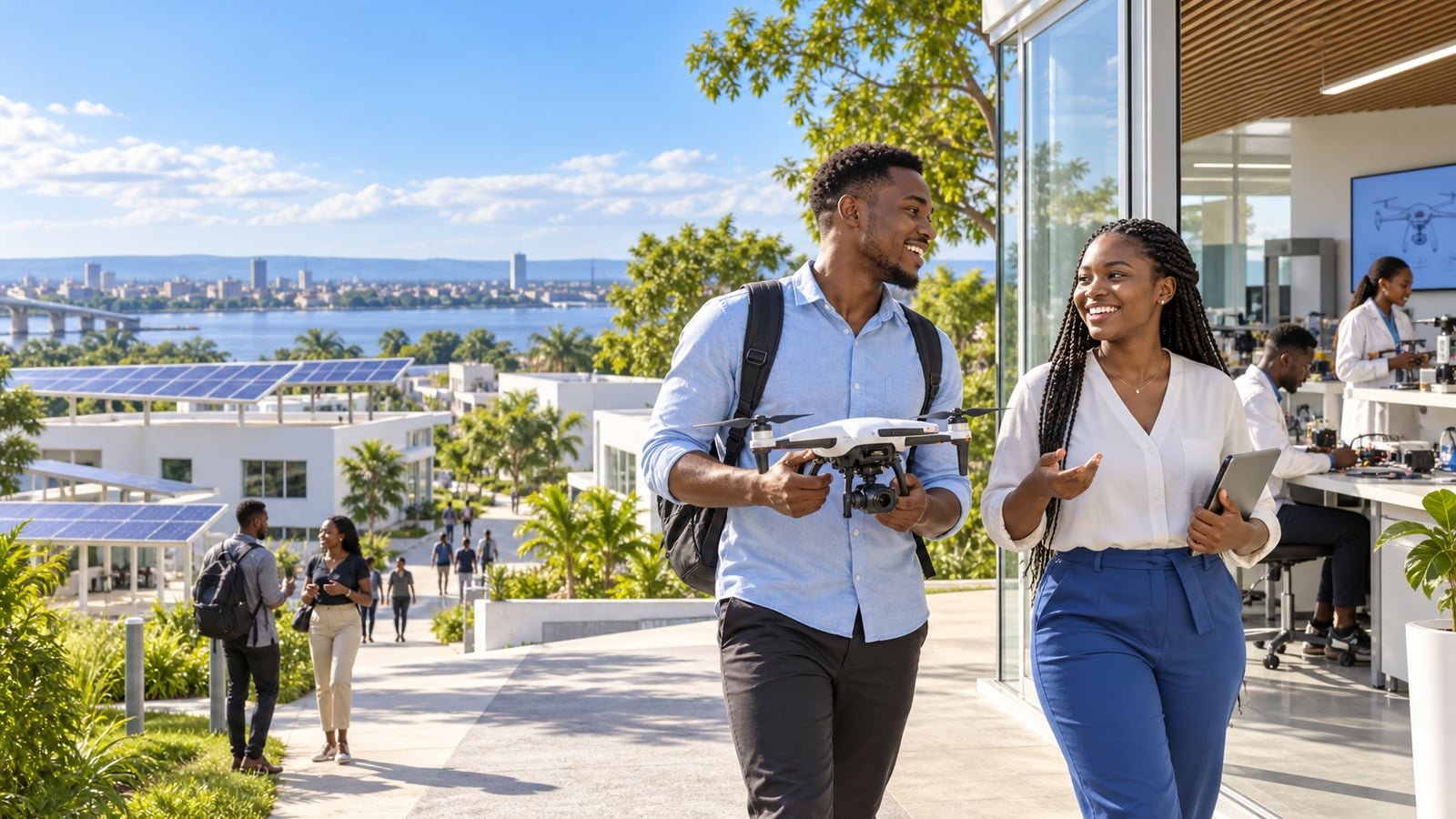 Illustration générée : Un campus technologique africain imaginé, ouvert sur un horizon lumineux et animé par de jeunes innovateurs.